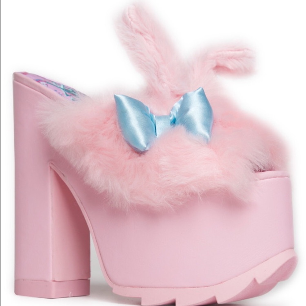 YRU Pink Furry Platform Heels with Blue Bow